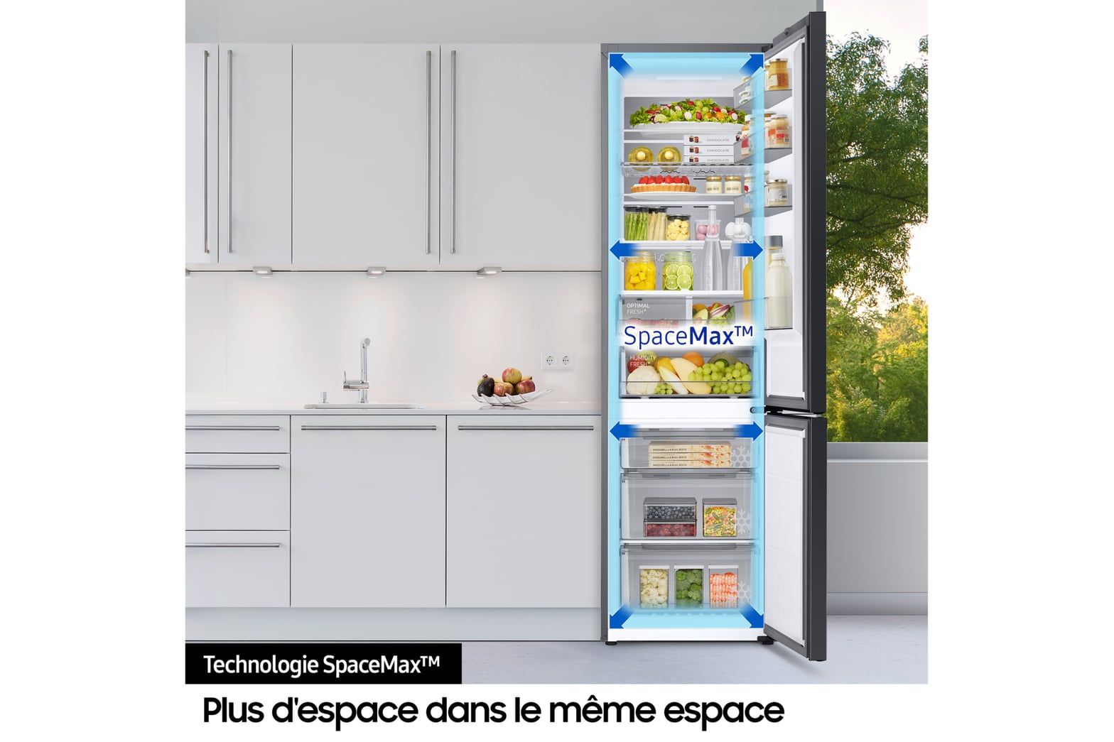 Infographie Samsung SpaceMax plus d'espace dans le même espace flèches bleues