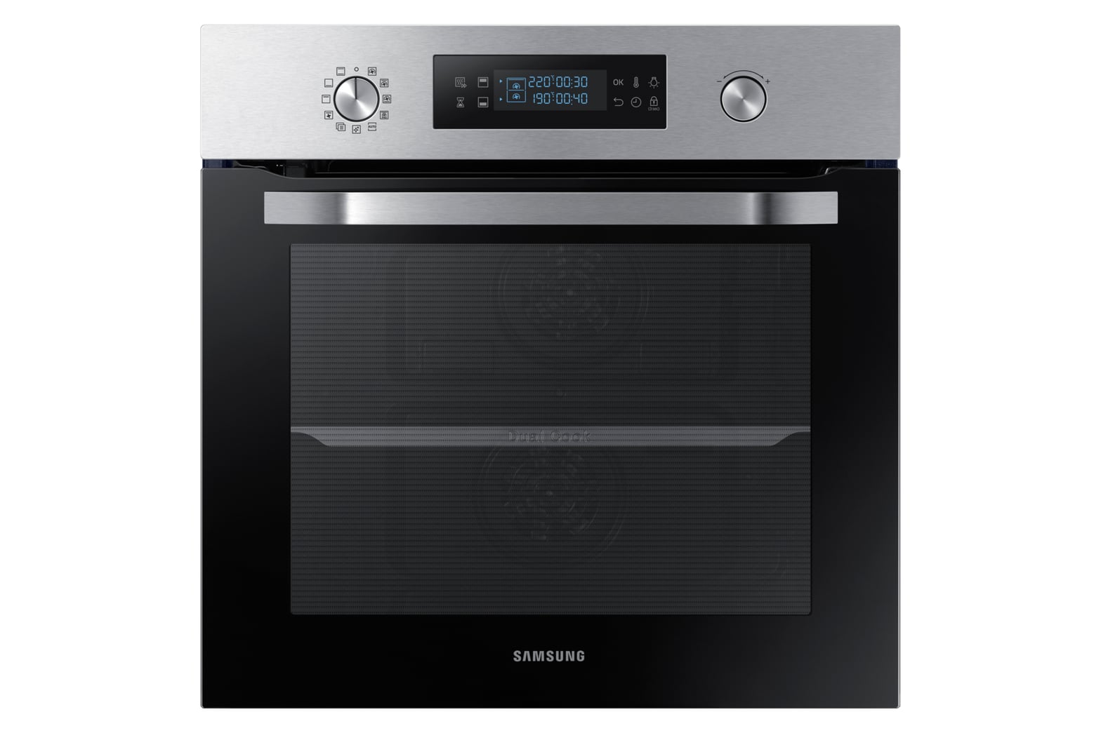 Four Samsung Twin Convection NV66M3571BS affichant deux températures simultanées 220° et 190°