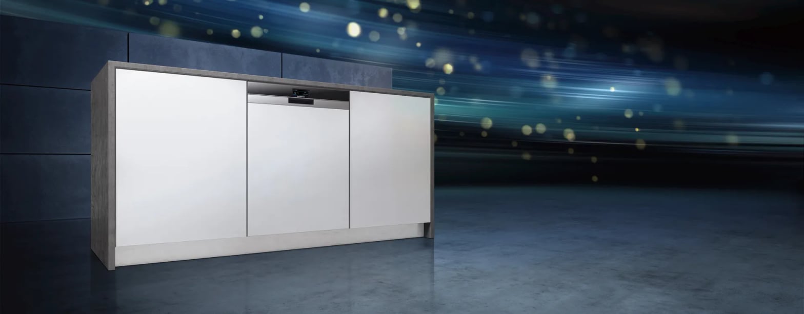 Lave-vaisselle Siemens encastrable avec effet de vitesse lumineux illustrant la technologie varioSpeed Plus