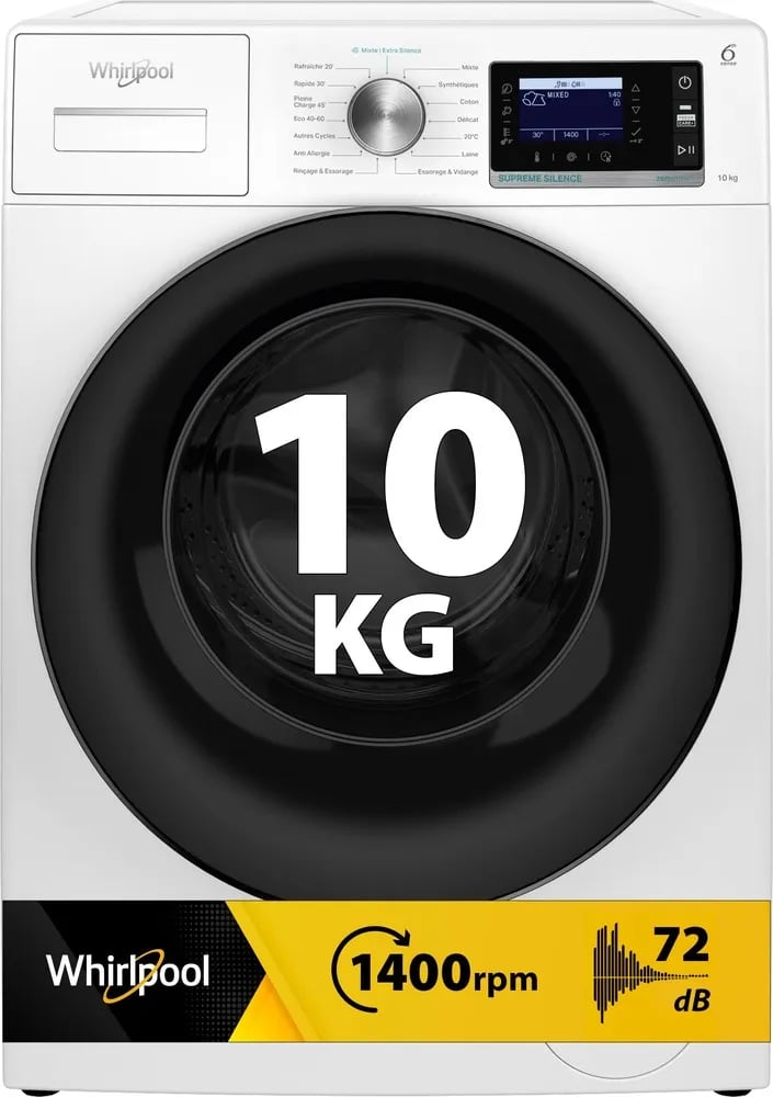 Lave-linge Whirlpool 6ème Sens 10 kg 1400 rpm avec bandeau infographique