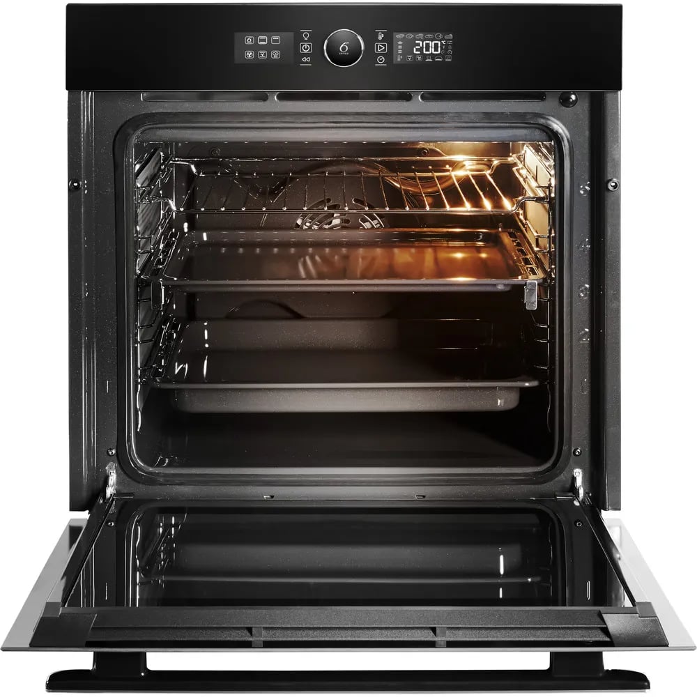 Four Whirlpool 6ème Sens ouvert avec bandeau tactile allumé, logo 6 sens et 200°C affichés
