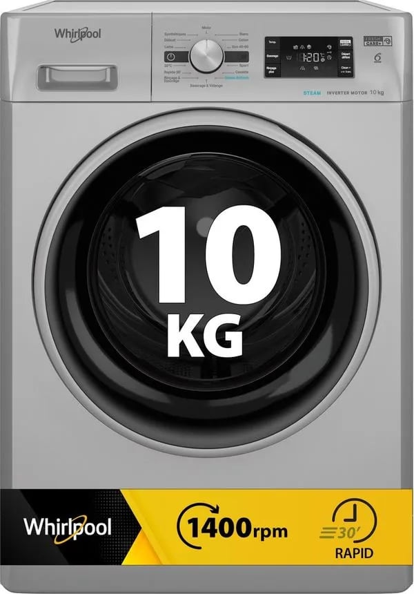 Lave-linge Whirlpool 6ème Sens silver 10 kg 1400 rpm avec mode Rapid 30