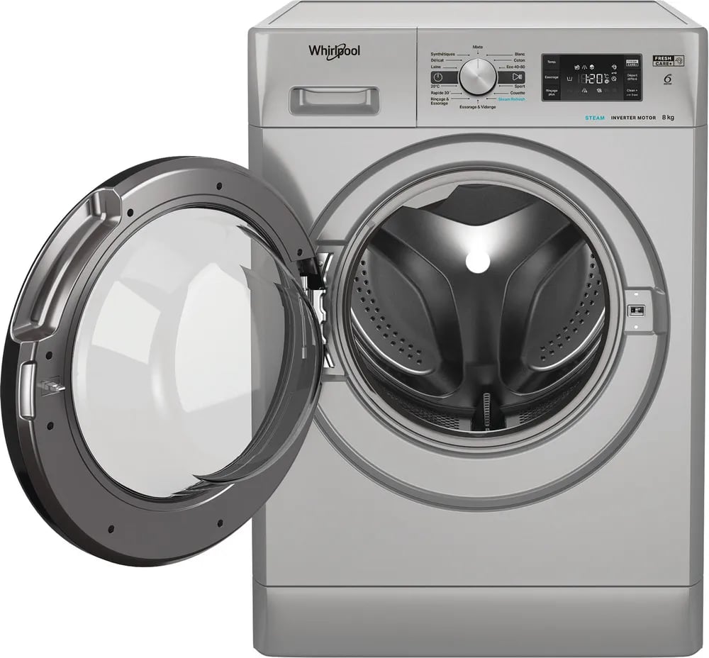 Lave-linge Whirlpool FreshCare+ 8 kg porte ouverte avec option Clean+ sur le bandeau