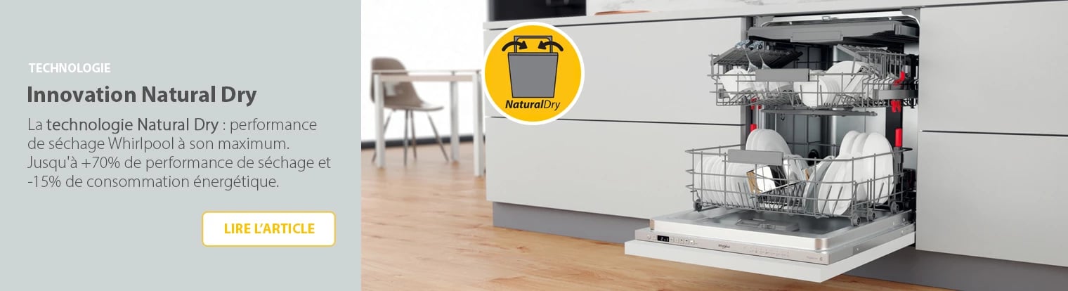 Bannière innovation NaturalDry Whirlpool : +70% de séchage, -15% conso