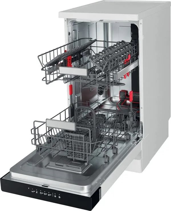 Lave-vaisselle Whirlpool avec bras de pulvérisation PowerClean rouges visibles montrant la zone de lavage haute pression