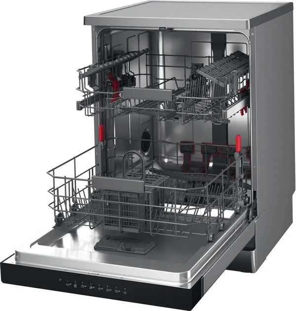 Lave-vaisselle Whirlpool WFC 3C42 P X montrant système PowerClean avec bras pulvérisateurs rouges visibles