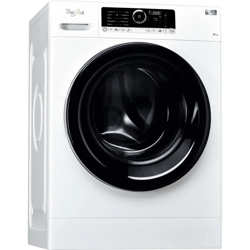 Lave-linge hublot Whirlpool Zen 8 kg blanc, technologie Zen visible sur le bandeau